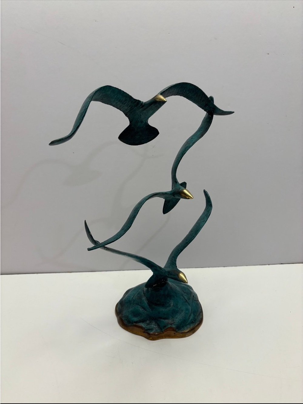 Vintage brass flying seagull bird green statue